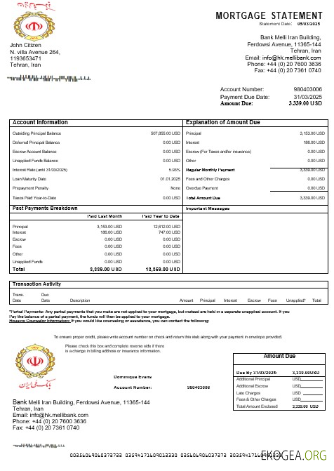 Relevé hypothécaire de l'Iran Melli Bank aux formats Word et PDF